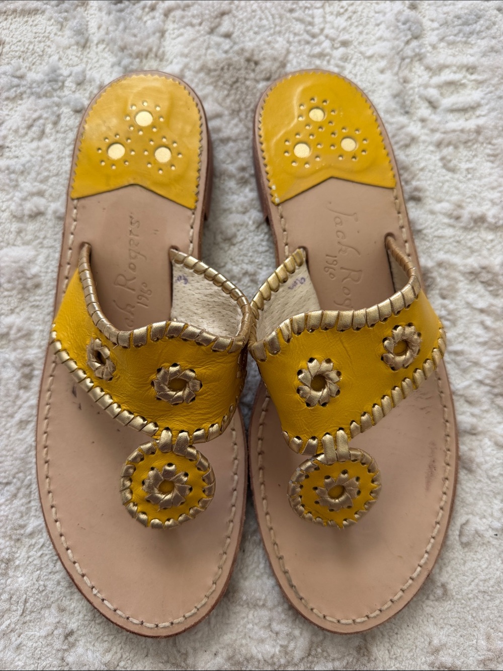 Jack Rogers Yellow Leather Thong Sandals with Whipstitch Accents